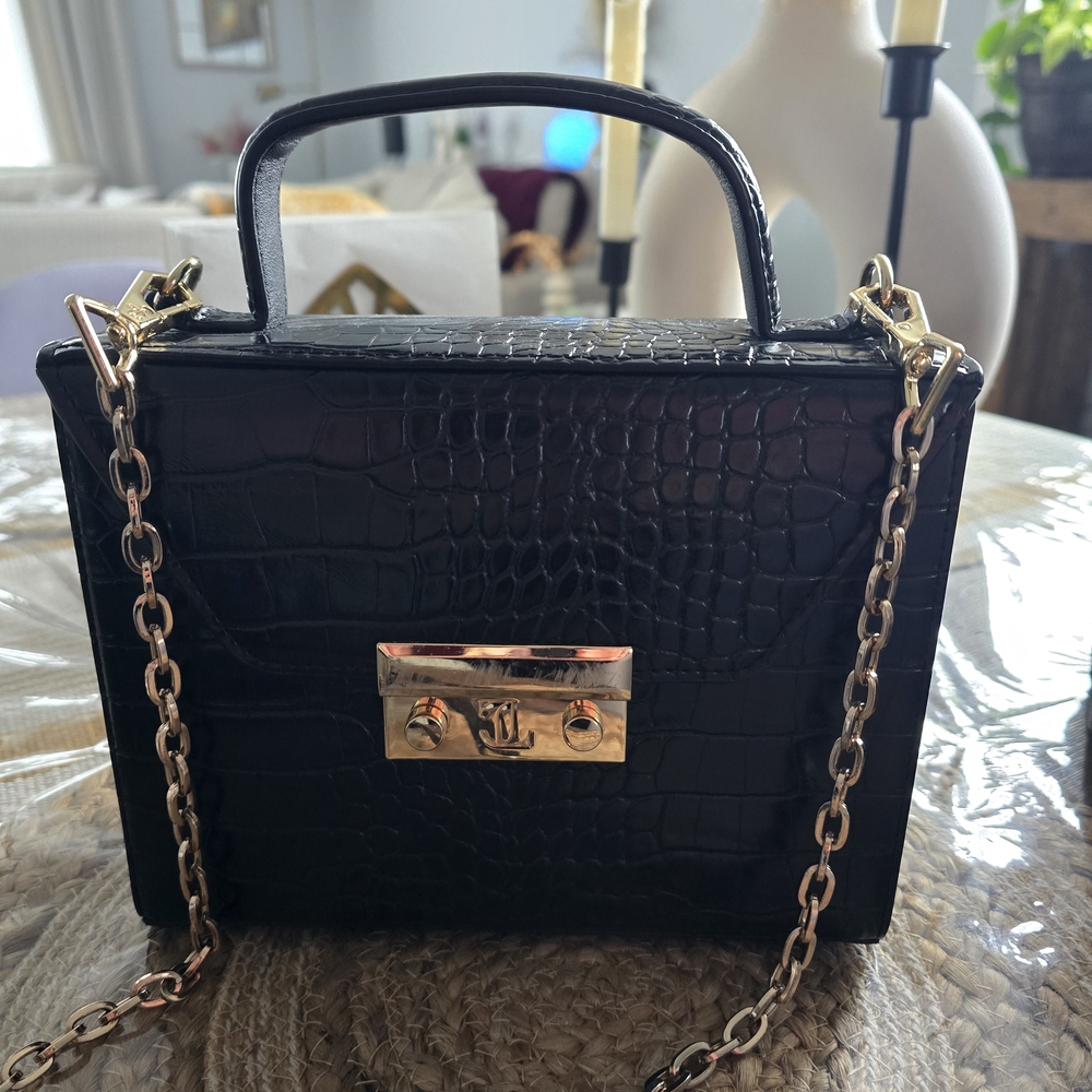 Jennifer Lopez Black Croc-Embossed Mini Bag with Gold Accents